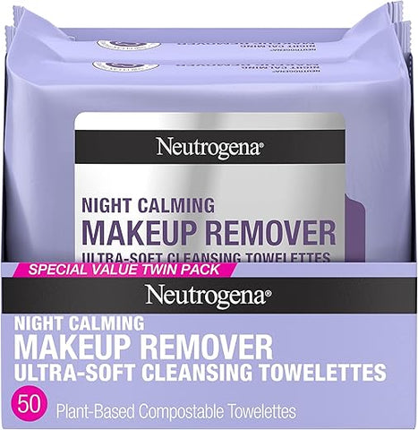 Lenços de Limpeza Noturna para Remoção de Maquiagem, Calmantes e Descartáveis, para Remover Sujeira e Oleosidade – 50 unidades - Neutrogena