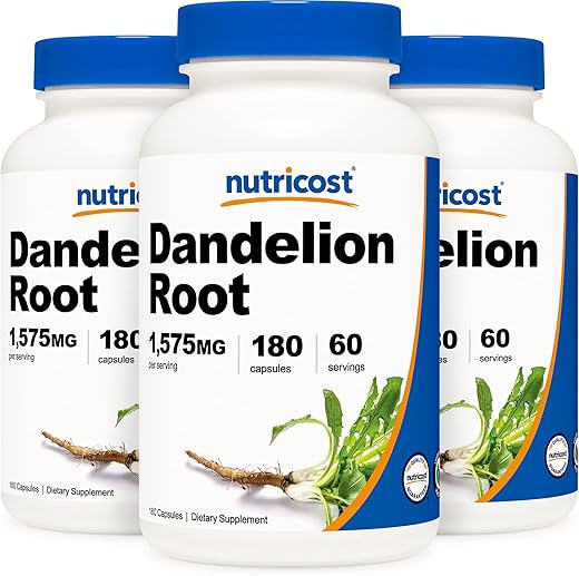 Dandelion Root 525mg – 180 Cápsulas (3 Frascos) – 1575mg por Porção, Livre de Transgênicos, Sem Glúten - Nutricost