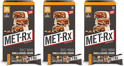 Big 100 Colossal Barras de Proteína, Baunilha Caramelo Churro, Sem Glúten, Alto Teor de Proteína, 4 Unidades - MET-Rx