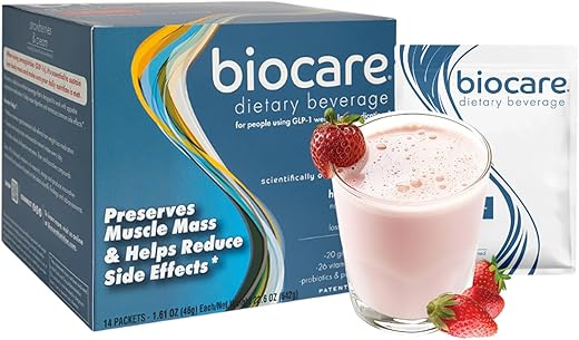 Biocare - Bebida Nutricional para Usuários de GLP-1, Pó Dietético com 20g de Proteína Essencial, 26 Vitaminas/Minerais, Alivia Náuseas, Inchaço, Prisão de Ventre, Morangos