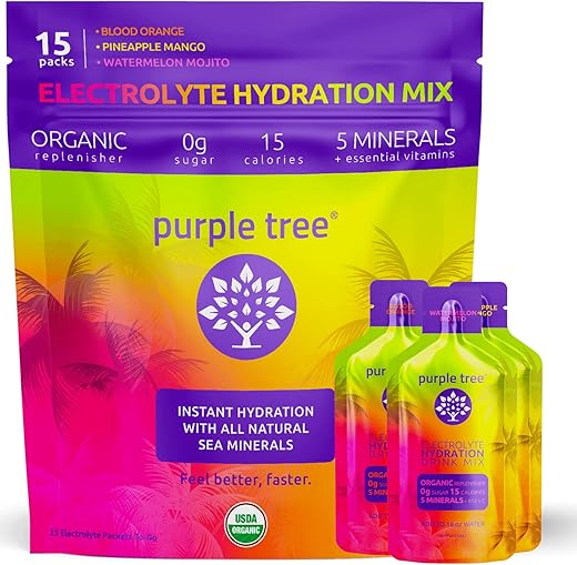 purple tree - Pacotes de Hidratação Orgânica de Eletrólitos Roxos, Zero Açúcar, Sais Marinhos, Pacotes Diários de Hidratação IV para Alívio Rápido da Desidratação – Mistura para Bebida à Base de Água, Pacote Variado, 15 Unidades