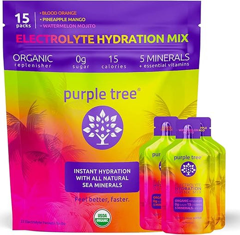 purple tree - Pacotes de Hidratação Orgânica de Eletrólitos Roxos, Zero Açúcar, Sais Marinhos, Pacotes Diários de Hidratação IV para Alívio Rápido da Desidratação – Mistura para Bebida à Base de Água, Pacote Variado, 15 Unidades