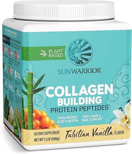 Sunwarrior - Proteína Vegana em Pó à base de Plantas | Ácido Hialurônico Minerais Biotina Livre de Soja Sem Laticínios Sem Glúten NÃO-OGM | Baunilha 20 Porções | Peptídeos de Construção de Colágeno por