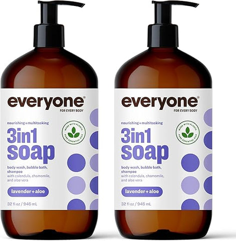 everyone for every body - Everyone 3-em-1 Sabonete, Gel de Banho, Espuma de Banho, Shampoo, 32 Onças (Pacote com 2), Lavanda e Aloe, Limpeza de Coco com Extratos de Plantas e Óleos Essenciais Puros