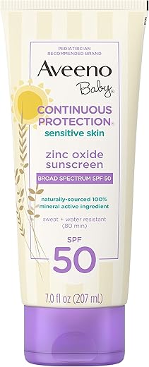 Protetor Solar Mineral com Óxido de Zinco FPS 50 para Pele Sensível, Livre de Lágrimas, Resistente ao Suor - Aveeno Baby