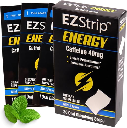 EZStrip - Energize seu dia com Tiras de Cafeína de 40 mg – Suplemento Energético para Adultos. Sabor Menta. Sem Açúcar, Sem Glúten, Impulso de Desempenho. Fabricado nos EUA em uma Instalação Registrada pela FDA