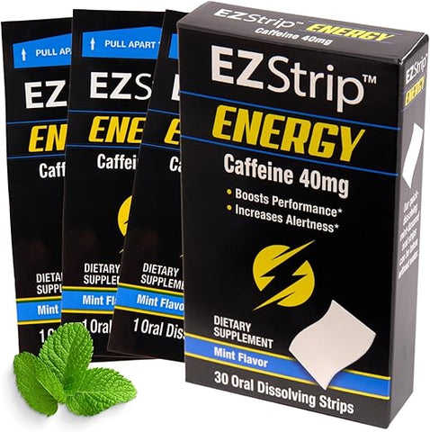 EZStrip - Energize seu dia com Tiras de Cafeína de 40 mg – Suplemento Energético para Adultos. Sabor Menta. Sem Açúcar, Sem Glúten, Impulso de Desempenho. Fabricado nos EUA em uma Instalação Registrada pela FDA
