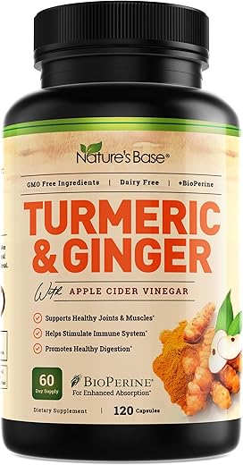 NATURE'S BASE - Suplemento de Cúrcuma e Gengibre – Cápsulas de Cúrcuma Curcumina – com Vinagre de Maçã