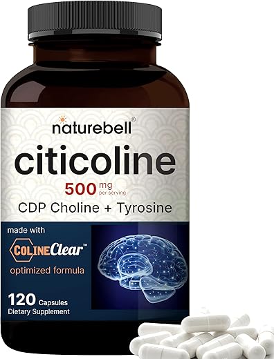Citicoline Suplemento CDP Choline 500mg + Tirosina 50mg, Fórmula 2 em 1, Cápsulas 120, Suplemento Cérebro de Ação Dupla - NatureBell
