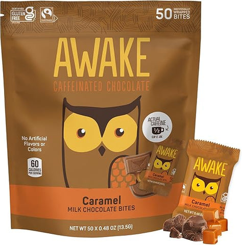 AWAKE Caffeinated Chocolate - AWAKE – Mordidas de Chocolate Cafeinado – Chocolate Caramelo ao Leite, 50 Mordidas – 50mg de Cafeína – Mordidas Energéticas Embaladas Individualmente – Alternativa ao Café – Comércio Justo, Sem Glúten, Não Transgênico