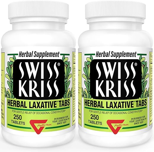 Herbal Laxative Tablets – Alívio Natural da Constipação, Laxantes de Sene, 250 comprimidos (Pacote com 2) - Swiss Kriss