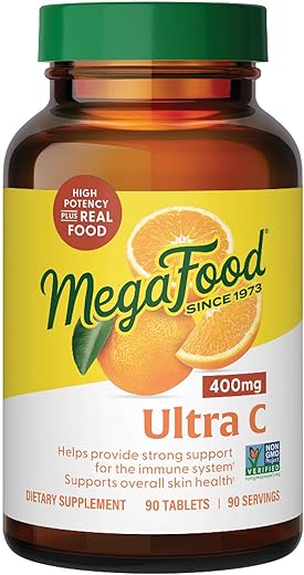 Ultra C 400 mg – Suplemento Vegano de Suporte Imunológico com Vitamina C, Feito com Alimentos Reais como Brócolis, Cenoura e Cranberry | MegaFood Ultra C 400 mg – Suporte Imunológico Vegano com Vitamina C - MegaFood
