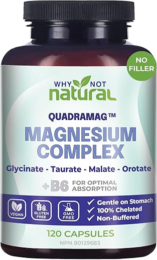 Why Not Natural - Complexo de Magnésio 4 em 1 – Cápsulas de Mistura de Glicinato, Taurato, Malato e Orotato – 300 mg por Porção, 120 Cápsulas