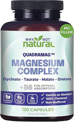 Why Not Natural - Complexo de Magnésio 4 em 1 – Cápsulas de Mistura de Glicinato, Taurato, Malato e Orotato – 300 mg por Porção, 120 Cápsulas