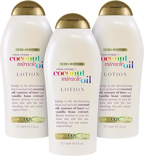 Loção Ultra Hidratante de Óleo de Coco Milagroso Extra Cremosa, 19,5 Onças (Pacote com 3) – Hidratação Profunda e Nutrição Intensa para a Pele - OGX