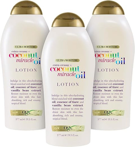 Loção Ultra Hidratante de Óleo de Coco Milagroso Extra Cremosa, 19,5 Onças (Pacote com 3) – Hidratação Profunda e Nutrição Intensa para a Pele - OGX