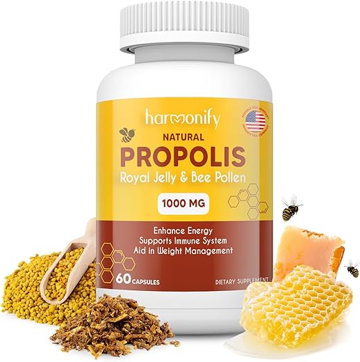 HARMONIFY - Extrato de Própolis, Geleia Real e Pólen de Abelha com Alfarroba – Suplemento Puro de Suporte Imunológico, Cápsulas Vegetarianas, Livre de Glúten, 1000 mg