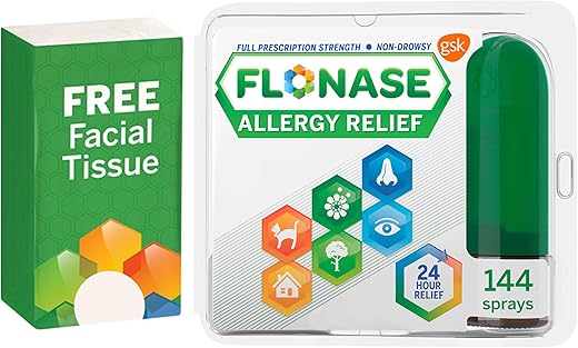 Spray Nasal Alívio de Alergia, 24 Horas de Alívio Multissintomas sem Sonolência – 144 Pulverizações, Pacote Bônus de Lenços (1 Unidade) - Flonase