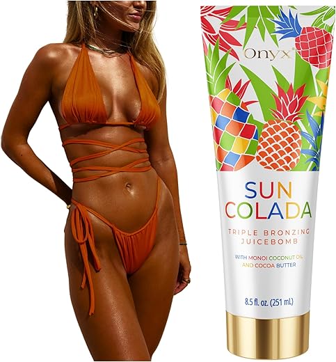 Bronzeador Onyx Suncolada Triplo Bronzeamento Abacaxi | Loção Bronzeadora para Uso Interno e Externo | Extratos Naturais de Frutas para Hidratação Duradoura e Suavidade | 100ml