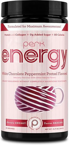 Energy Original Mistura para Bebida de Pretzel de Chocolate Branco e Hortelã-Pimenta (20 Porções) – Sem Glúten, Sem Soja, Sem Amendoim - Perk