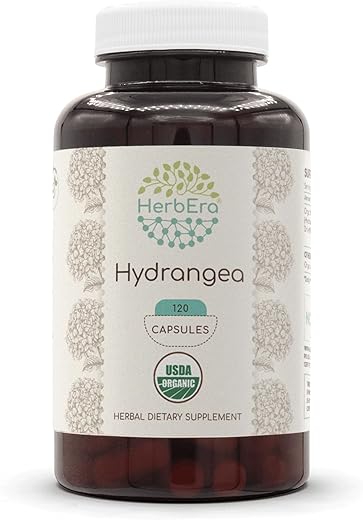 HerbEra - Hydrangea Orgânica USDA 120 Cápsulas | Suplemento Herbal Natural | Cápsulas Vegetarianas Certificadas Orgânicas e Raiz Seca de Hortênsia Orgânica (Hydrangea arborescens) (120 Cápsulas)