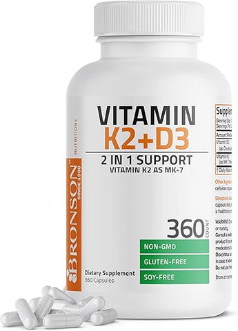 Vitamina K2 (MK7) com D3 – Fórmula Não-OGM 5000 UI de Vitamina D3 - Bronson