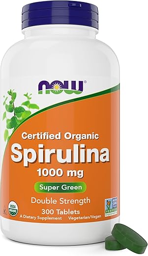 Spirulina Orgânica 1000mg – 300 Comprimidos – Não-OGM, Suplemento Alimentar Verde Super – Dupla Força 1000 mg – Beta-Caroteno Natural (VIT A), B-12 - NOW Foods
