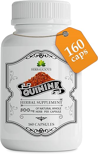 HERBALICIOUS - Cápsulas de Quinina – Suplemento Herbal de Casca de Cinchona Officinalis para Saúde Muscular, Defesa contra Cãibras e Digestão Geral – Comprimidos de Sulfato de Quinina 100% Natural, 500mg por Cápsula, 160