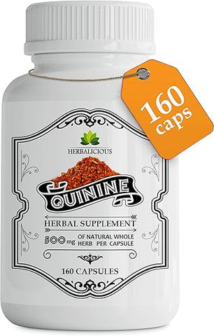 HERBALICIOUS - Cápsulas de Quinina – Suplemento Herbal de Casca de Cinchona Officinalis para Saúde Muscular, Defesa contra Cãibras e Digestão Geral – Comprimidos de Sulfato de Quinina 100% Natural, 500mg por Cápsula, 160