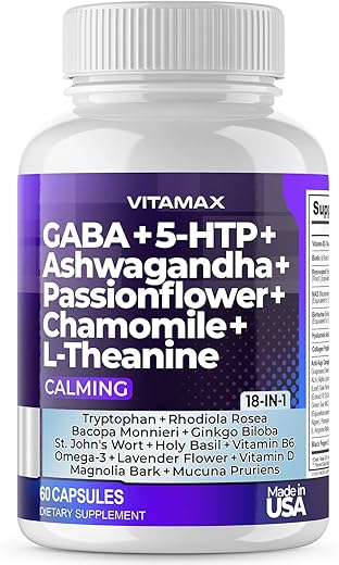 Vitamax - GABA 500mg 5 HTP 150mg Ginkgo Biloba L Tryptophan 500mg L Theanine 200mg Ashwagandha 2000mg – Vitaminas Calmantes para Homens e Mulheres – Fabricado nos EUA (60 Unidades)