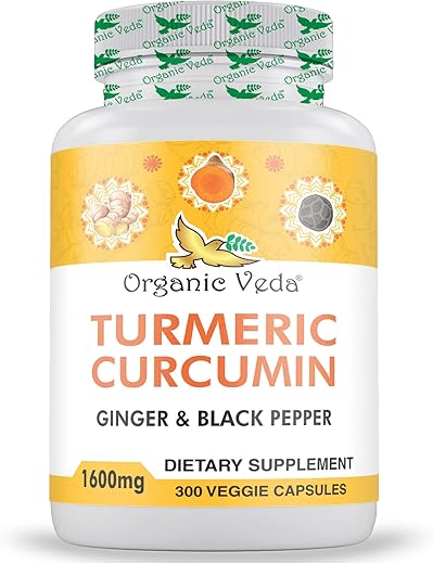 Cápsulas de Cúrcuma e Gengibre Organic Veda 300 Pills – Cúrcuma Orgânica com Pimenta Preta para Suporte Articular – Não Transgênico, Sem Glúten, Suplemento de Cúrcuma e Gengibre (95%%…)