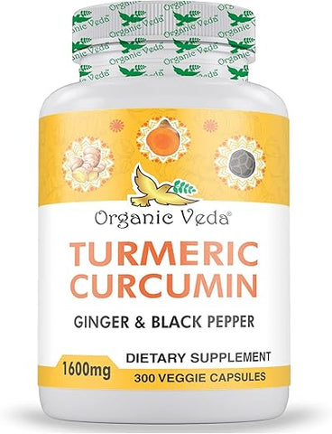 Cápsulas de Cúrcuma e Gengibre Organic Veda 300 Pills – Cúrcuma Orgânica com Pimenta Preta para Suporte Articular – Não Transgênico, Sem Glúten, Suplemento de Cúrcuma e Gengibre (95%%…)