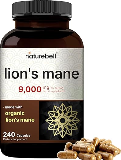 Cápsulas de Suplemento de Cogumelo do Leão Mane 9.000mg, 240 Cápsulas | Fornecimento de 120 Dias – Feito com Extrato de Pó Orgânico de Leão Mane – Nootrópico Cognitivo para o Cérebro - NatureBell