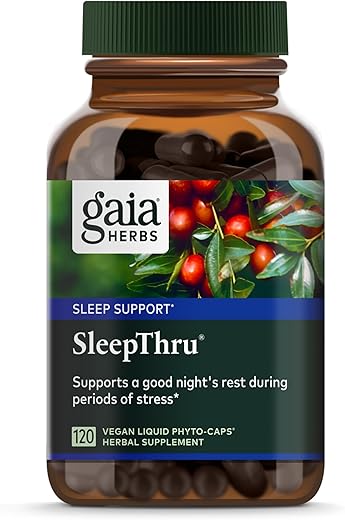 SleepThru – Suporte Natural ao Sono com Raiz de Ashwagandha Orgânica, Casca de Magnólia Orgânica, Passiflora e Tâmara de Jujuba – 120 Cápsulas Líquidas Veganas de Fitoterapia - Gaia Herbs