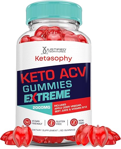 Justified Laboratories - Ketosophy Gummies Extreme 2000MG – Fórmula Avançada de Maçã com Vinagre de Maçã, Romã e Beterraba – B12 Vegano Não GMO 60 Gomas
