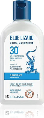 BLUE LIZARD - Protetor Solar Mineral Blue Lizard SENSITIVE com Óxido de Zinco, FPS 30, Resistente à Água, Proteção UVA/UVB com Tecnologia de Frasco Inteligente – Sem Fragrância, 250 ml