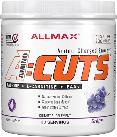 AMINOCUTS (ACUTS) – Bebida Energética Amino-Carregada com Taurina, L-Carnitina, Extrato de Café Verde, Sabor Uva, 30 Porções - ALLMAX Nutrition