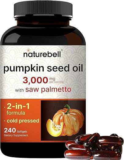 Óleo de Semente de Abóbora Virgem NatureBell 3.000mg Por Porção com Saw Palmetto, 240 Cápsulas Softgel | Extraído a Frio – Rico em Ômega 6