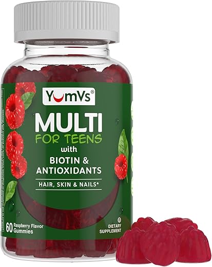 YUM-V'S - YumVs Gomas Multivitamínicas para Adolescentes com Biotina e Antioxidantes – Sabor Framboesa – Suporte para Cabelo, Pele e Unhas – Vitaminas Vegetarianas Kosher para Adolescentes de 12 a 17 anos – Gomas para Adolescentes