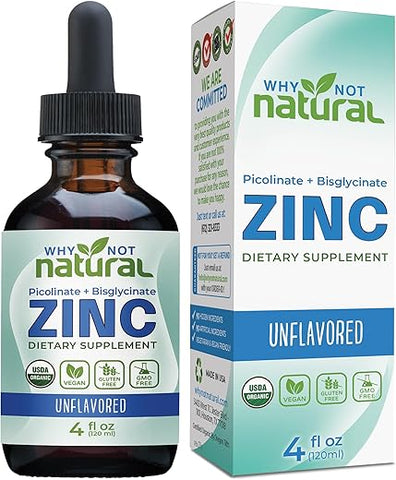 Why Not Natural - Suplemento Líquido de Zinco Orgânico em Gotas com Picolinato e Bisglicinato de Zinco 118 ml, Certificado Orgânico pelo USDA, Sem Glúten, Vegano e Livre de Transgênicos (Sem Sabor)