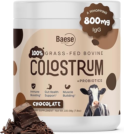 Baese Nutrition - Chocolate Orgânico em Pó de Colostro Bovino 4000mg para Humanos – Probióticos de Colostro de Gado Alimentado com Grama – Suplemento de Colostro para Crianças