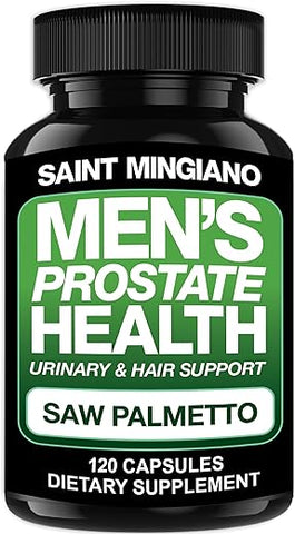 Saint Mingiano - Saúde da Próstata Masculina – 120 Cápsulas de Suplementos Avançados para Homens com Saw Palmetto, Apoiando a Função Urinária e a Saúde Capilar – Fornecimento de 3 Meses de Ervas Naturais