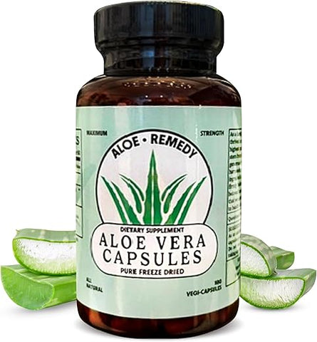 Aloe Remedy - Aloe Vera Capsules – Cápsulas de Aloe Vera à Base de Plantas com Gel e Folhas de Aloe Vera Liofilizadas, Cápsulas de Gel Puro de Aloe Vera para Suporte IC e BPS, Aloe Vera IC, 180 Cápsulas