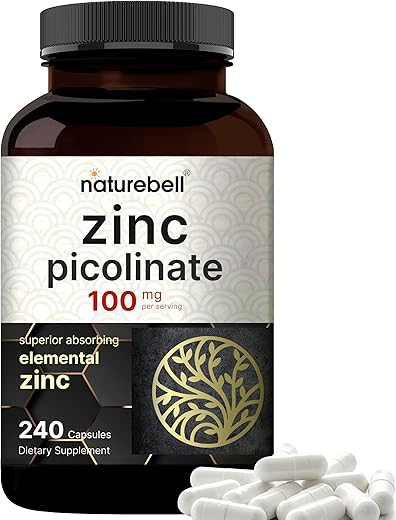 Zinco Picolinato 100mg – 240 Cápsulas, Forma Bioativa de Zinco para Suporte Imunológico e Saúde da Pele – Não-OGM e Sem Glúten – Suplemento de Zinco - NatureBell