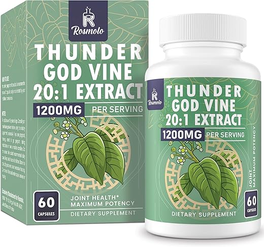 Rosmolo - 1200 MG Extrato de Raiz de Thunder God Vine 20:1, Suplemento Herbal Tripterygium Wilfordii, Fórmula Vegana com Extrato de Lei Gong Teng, 60 Cápsulas