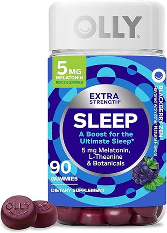 Gummy Extra Forte para Dormir, Suporte Ocasional ao Sono, 5 mg de Melatonina, L-Teanina, Extratos de Camomila e Melissa, Auxílio para Dormir, Sabor de Amora – 90 Unidades (Embalagem Pode Variar) - OLLY