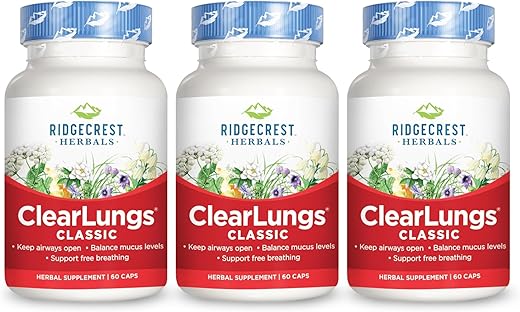 RidgeCrest Herbals - Ridgecrest Herbal Clearlungs Classic Red Label – 60 Cápsulas (3 Pacotes) | Melhorar a Respiração | Herbal Clearlungs Classic Red Label | 180 Cápsulas no Total