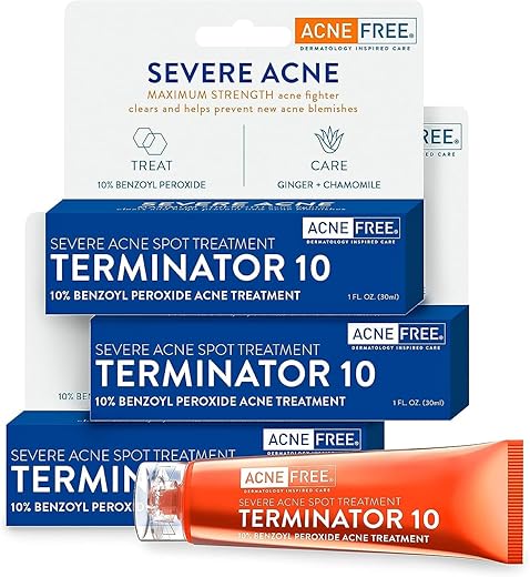 AcneFree - Acne Free Terminator 10 Tratamento Localizado para Acne com Creme de Peróxido de Benzoíla 10%%, 1 Onça, Pack com 3 – Máxima Eficiência no Tratamento da Acne