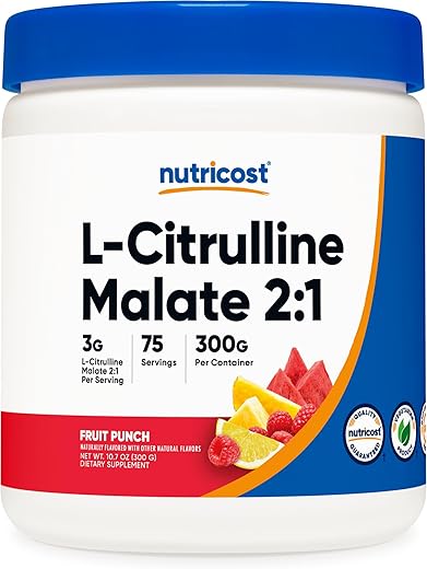 L-Citrulline Malate 2:1 (300g) Fruit Punch – Suporte para Treino, Desempenho Muscular, Estimulante de Óxido Nítrico – Pó de Suplemento Fitness, 75 Porções - Nutricost