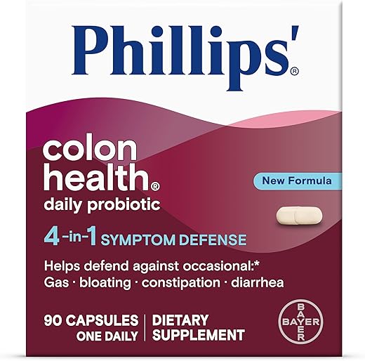 Phillips' - Phillips Colon Health: Cápsulas Probióticas Diárias 4 em 1 para Defesa contra Gases, Inchaço, Prisão de Ventre e Diarreia, Suplemento Diário, 90 Unidades